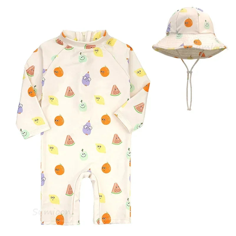 Baby Girls Swimsuit Long Sleeves One Piece Swimwear for Kids Toddler Cartoon UPF50+ Rash Guards Infant Bathing Suit Korea Sets