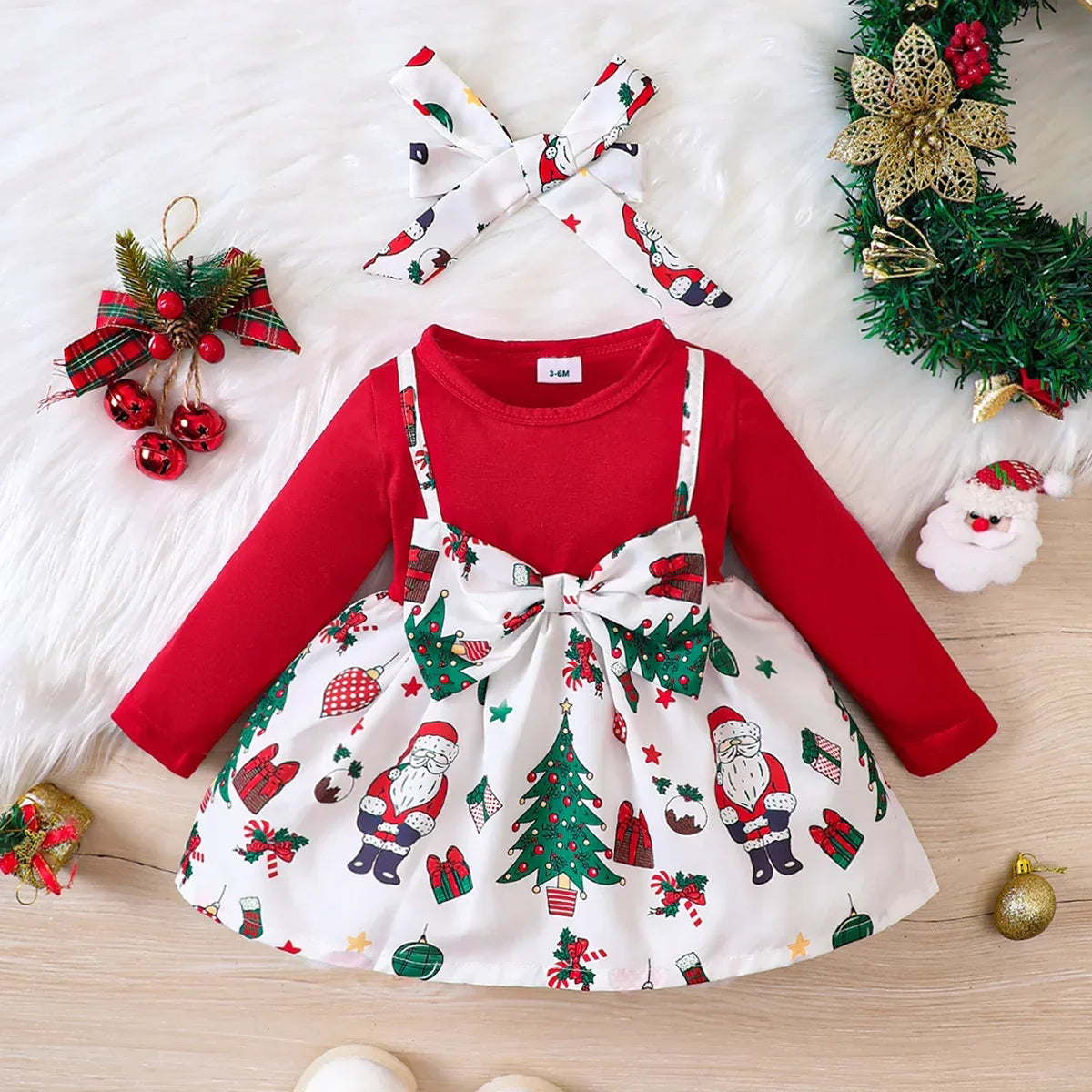 Prowow 2025 New Year Baby Dresses Patchwork Santa Claus Print Red Christmas Dresses For Girls Newborn Baby Christmas Costume - NTKSTORE