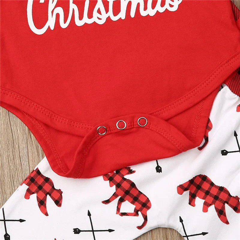 0-24M Newborn Christmas 3pcs Clothes Set Letter Long Sleeve Baby Girls Rompers Elk Xmas Outfits For Infant Boys And Girls - NTKSTORE
