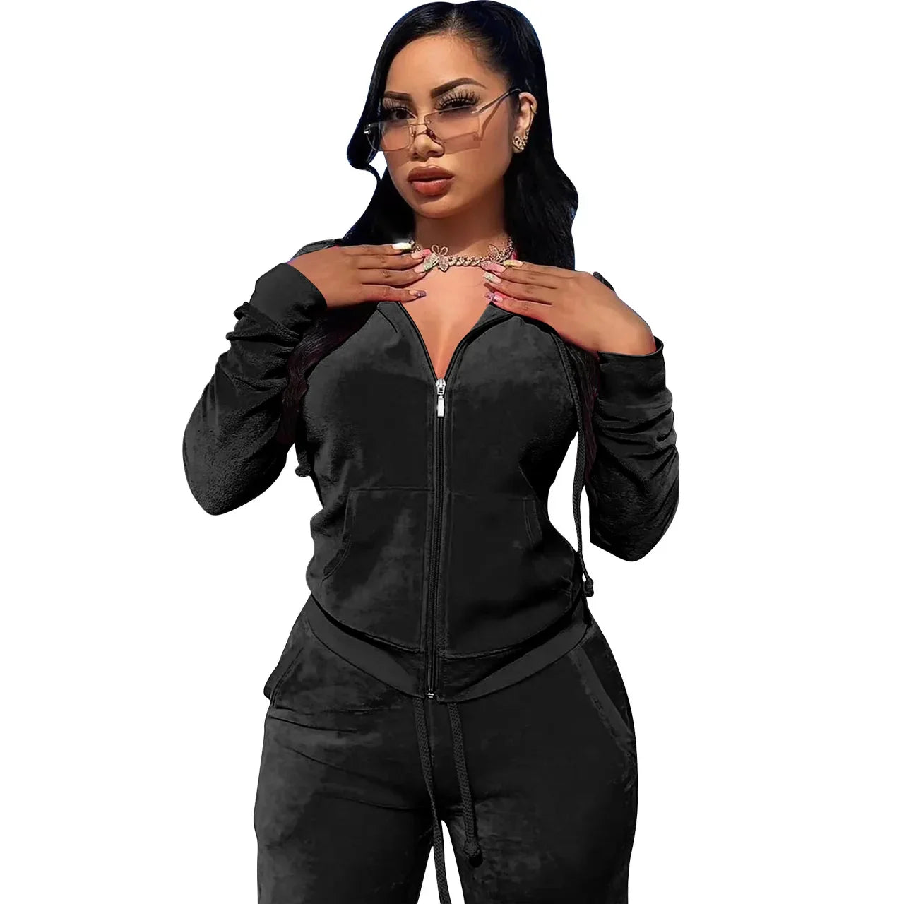 Womens Warm 2 Piece Outfits Velour Tracksuits Full Zip Hoodie And Drawstring Sweatpants Sweatsuits Sets Velvet Jogging Suit - NTKSTORE