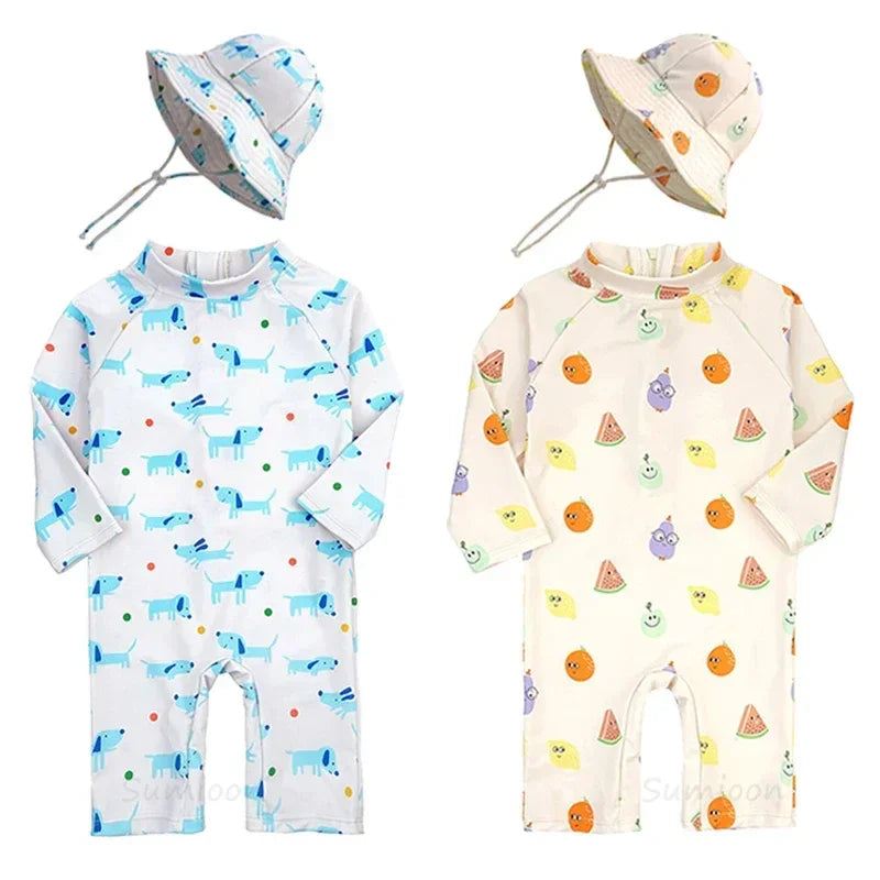 Baby Girls Swimsuit Long Sleeves One Piece Swimwear for Kids Toddler Cartoon UPF50+ Rash Guards Infant Bathing Suit Korea Sets