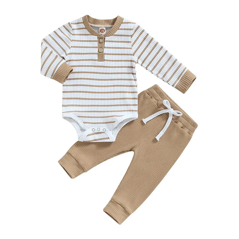 Casual Baby Boy 2Pcs Fall Outfits Long Sleeve Knitted Striped Print Romper Pants Set Infant Warm Clothes Baby's Sets