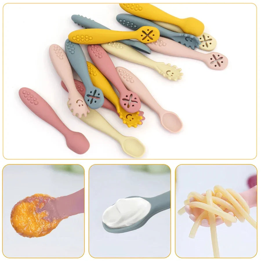 3PCS Kawaii Baby Learning Spoons Utensils Set Toddler Feeding Tableware Baby Silicone Teether Toys Training Cutlery Baby Stuff - NTKSTORE