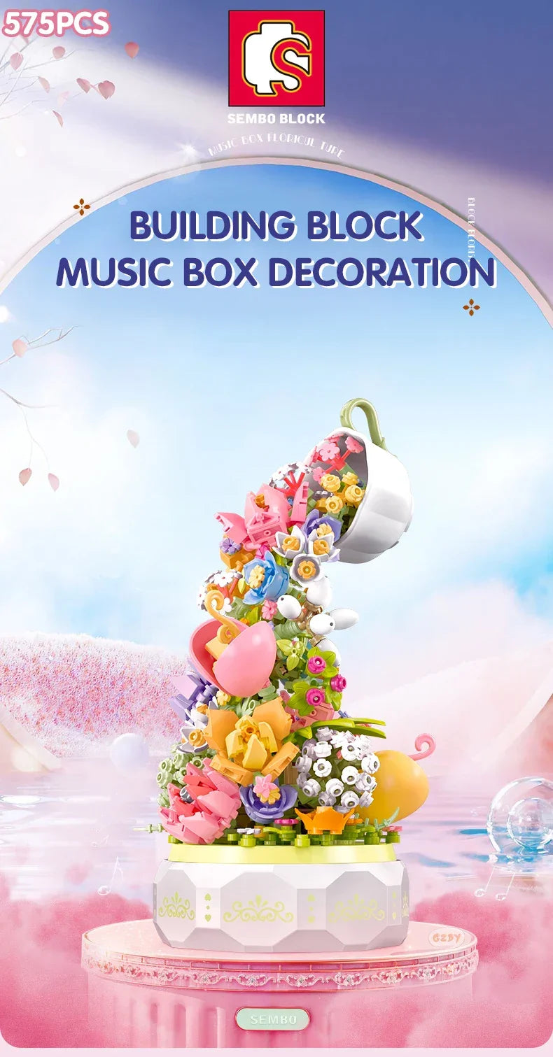SEMBO BLOCK 575pcs Teacup Flower Lighting Music Box Building Block Home Decor Anime Creative Gift Toy For Child Adults - NTKSTORE