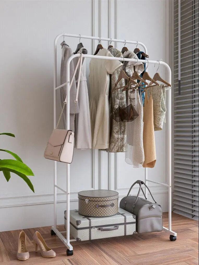Heavy Duty Clothes Rack Garment Rail Rolling Stand Two Top Rod & Lower Storage - NTKSTORE