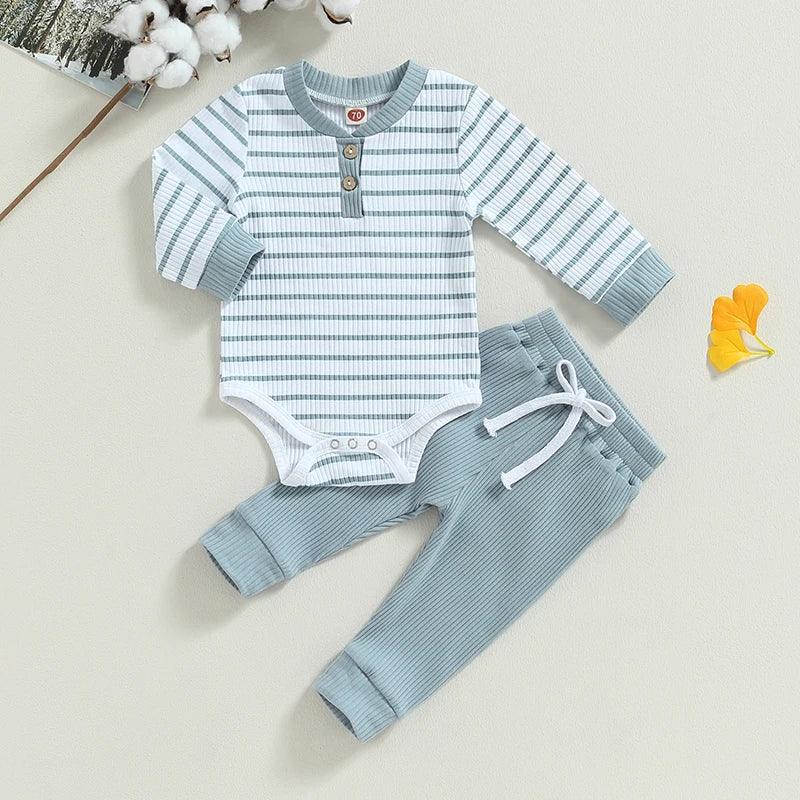 Casual Baby Boy 2Pcs Fall Outfits Long Sleeve Knitted Striped Print Romper Pants Set Infant Warm Clothes Baby's Sets