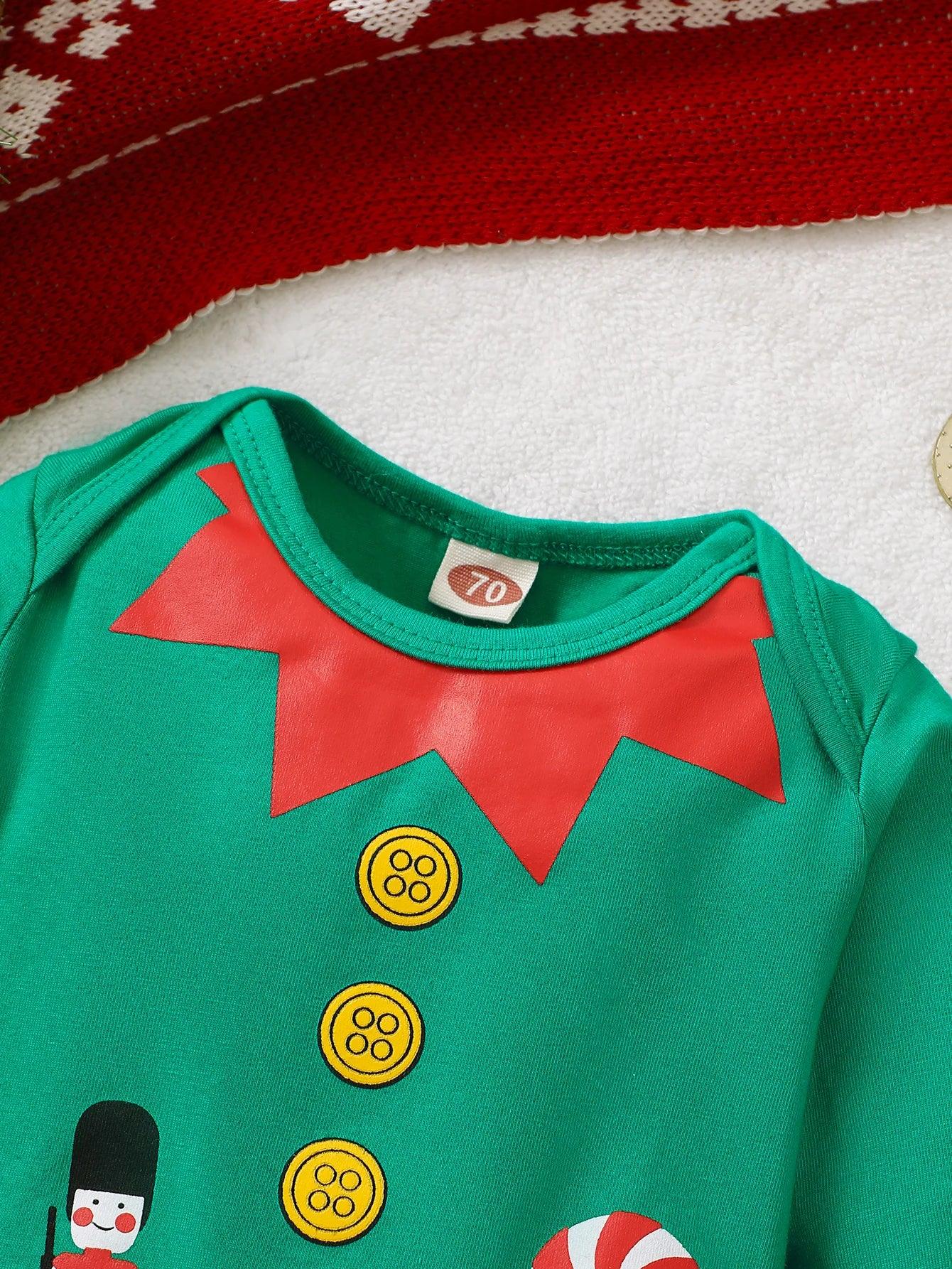 Baby Boy Christmas Costume Green Christmas Print Long sleeved Bodysuit Suitable for 0-18 Months Baby Boy Holiday Basics Jumpsuit