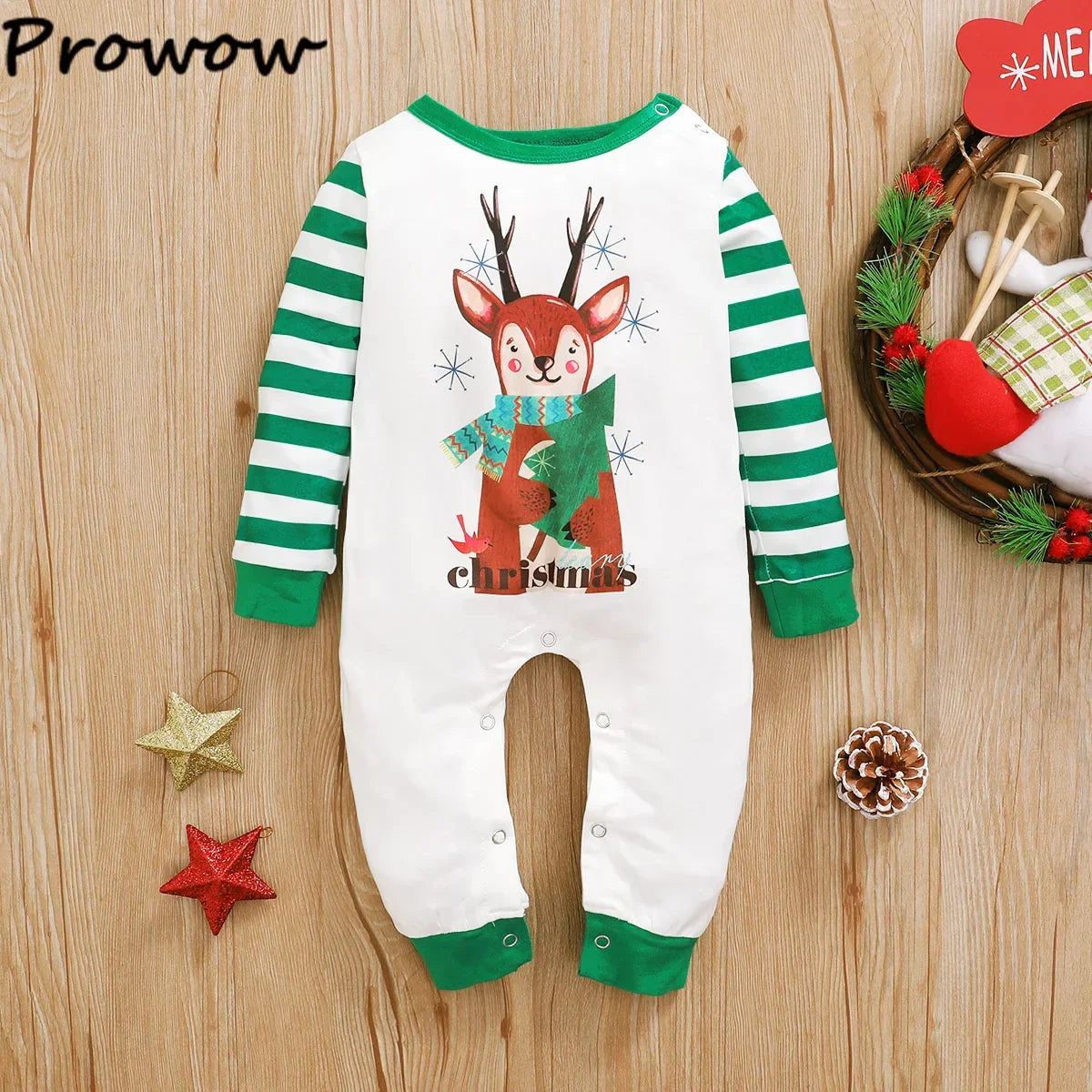 Prowow My First Christmas Baby Romper Green Xmas Tree Bodysuit For Infants Newborns 2024 New Year Baby Costume