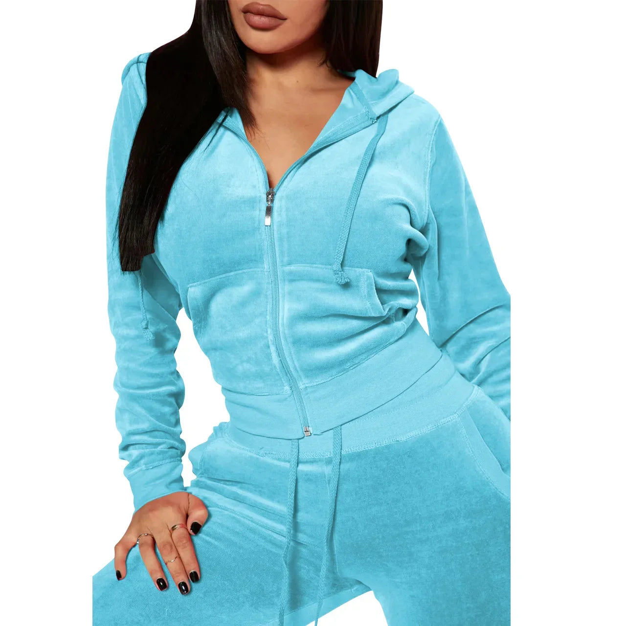 Womens Warm 2 Piece Outfits Velour Tracksuits Full Zip Hoodie And Drawstring Sweatpants Sweatsuits Sets Velvet Jogging Suit - NTKSTORE