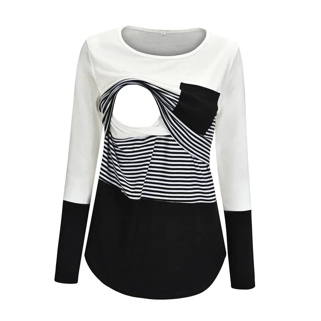 Fashion Pregnant Women Stiching Color Breastfeeding Nursing T Shirts Casual Loose Long Sleeve Tee Tops For Maternity - NTKSTORE