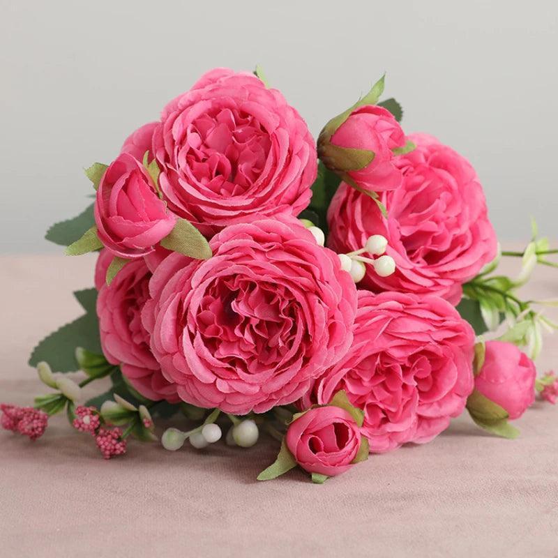 Hot Selling 1pcs/30cm Rose Pink Silk Bouquet Peony Artificial Flower 5 Big Head 4 Small Bud Bride Wedding Home Decoration Artifi - NTKSTORE