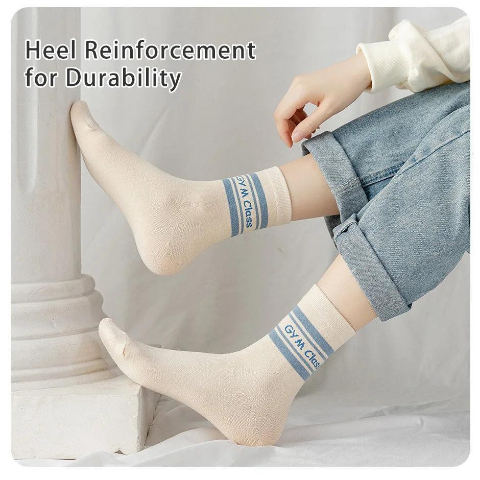 5 Pairs of Women's Spring Four-season Cute SStriped Letters Youthful Beautiful Fashionable and Comfortable Mid-calf Socks - NTKSTORE