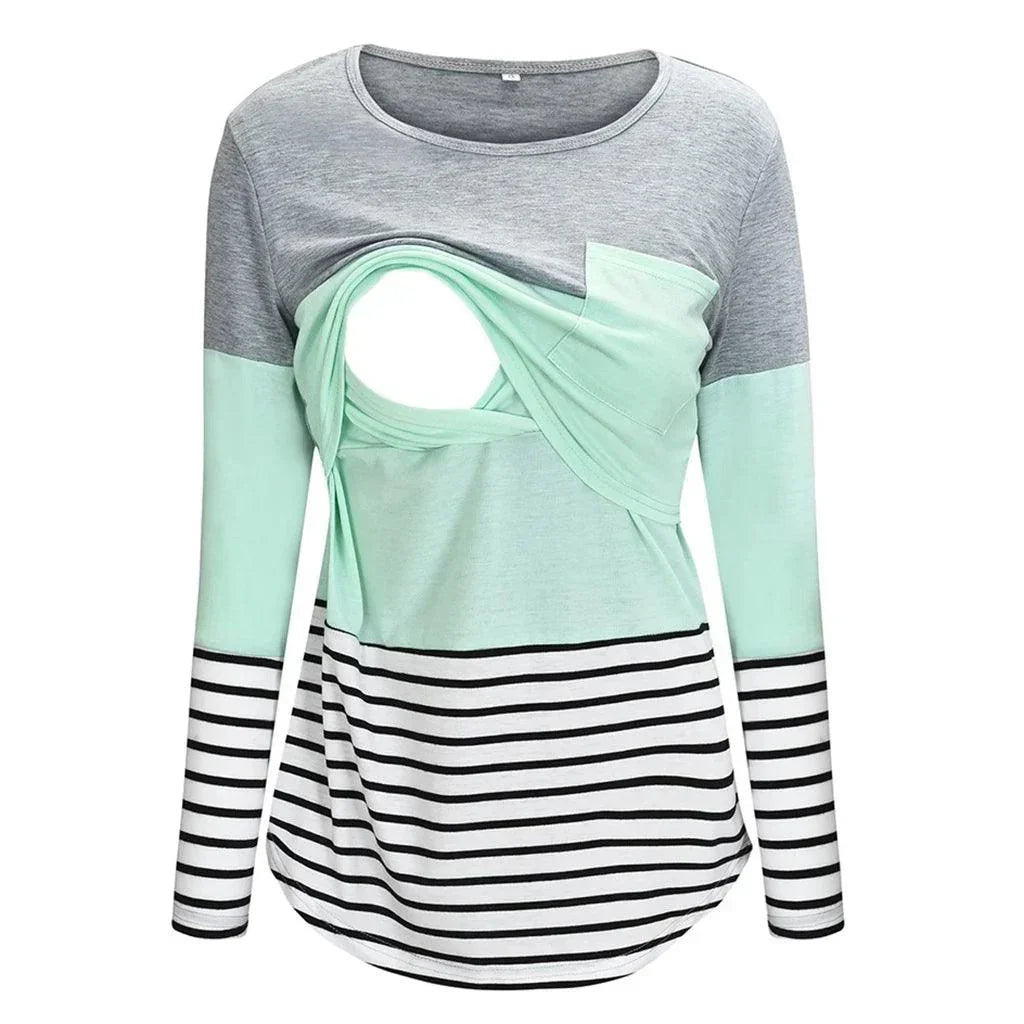 Fashion Pregnant Women Stiching Color Breastfeeding Nursing T Shirts Casual Loose Long Sleeve Tee Tops For Maternity - NTKSTORE