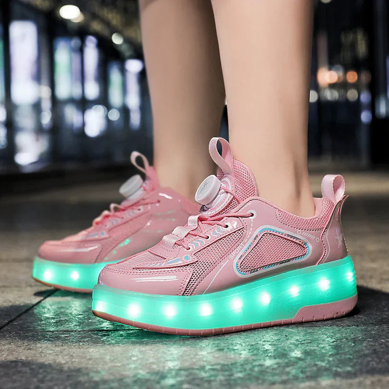 Mesh Double Wheel Heelys Children's Luminous Charging Roller Skating Deformation Skate Shoes